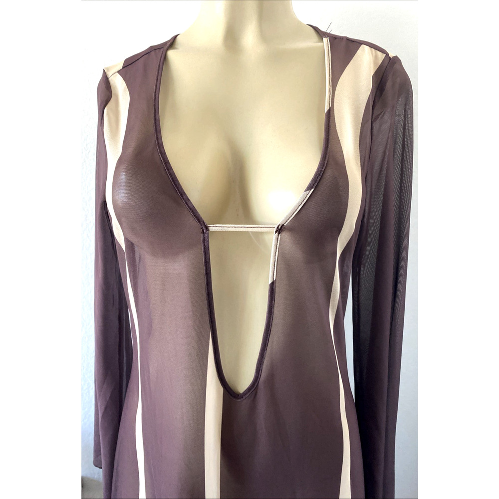 NWT Caroline Constas Brown Cover Up Maxi Dress Mesh Long Sleeve Sheer Beige M - Picture 6 of 9